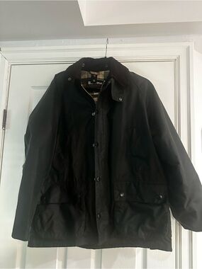 Barbour Green Waxed Field Jacket with Cord Collar